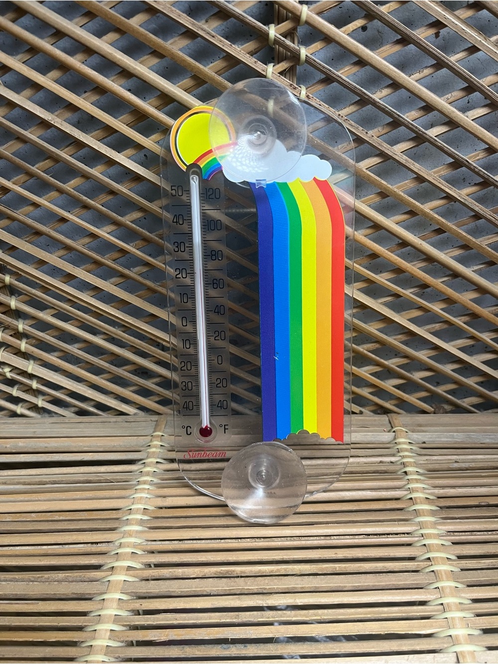 Vtg Sunbeam Weather Thermometer Reversible Indoor-outdoor Sun Rainbow Suction